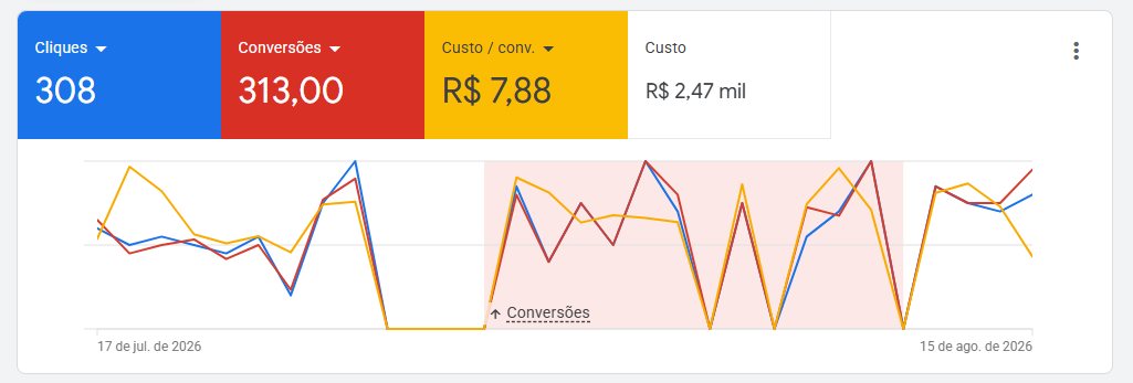Campanha Google Ads com 313 conversões e custo por conversão de R$ 7,88
